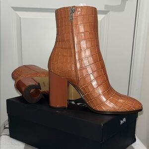 Coach Brown Croc-Embossed Heeled Boots